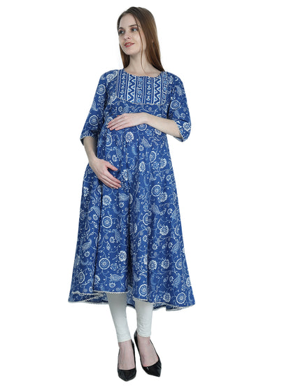 Maternity and Feeding Kurti | Pure Cotton | Blue