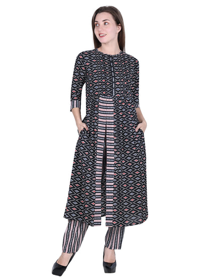 Pure Cotton Black Printed Kurta Set