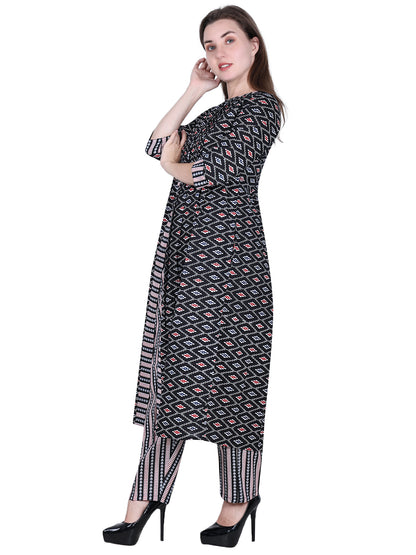 Pure Cotton Black Printed Kurta Set