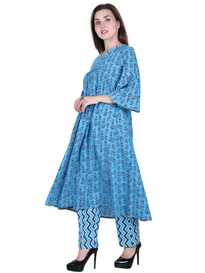 Pure Cotton Sky Blue Printed Kurta Set
