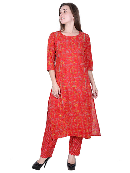 Pure Cotton Red Bandhani Printed Kurta Set