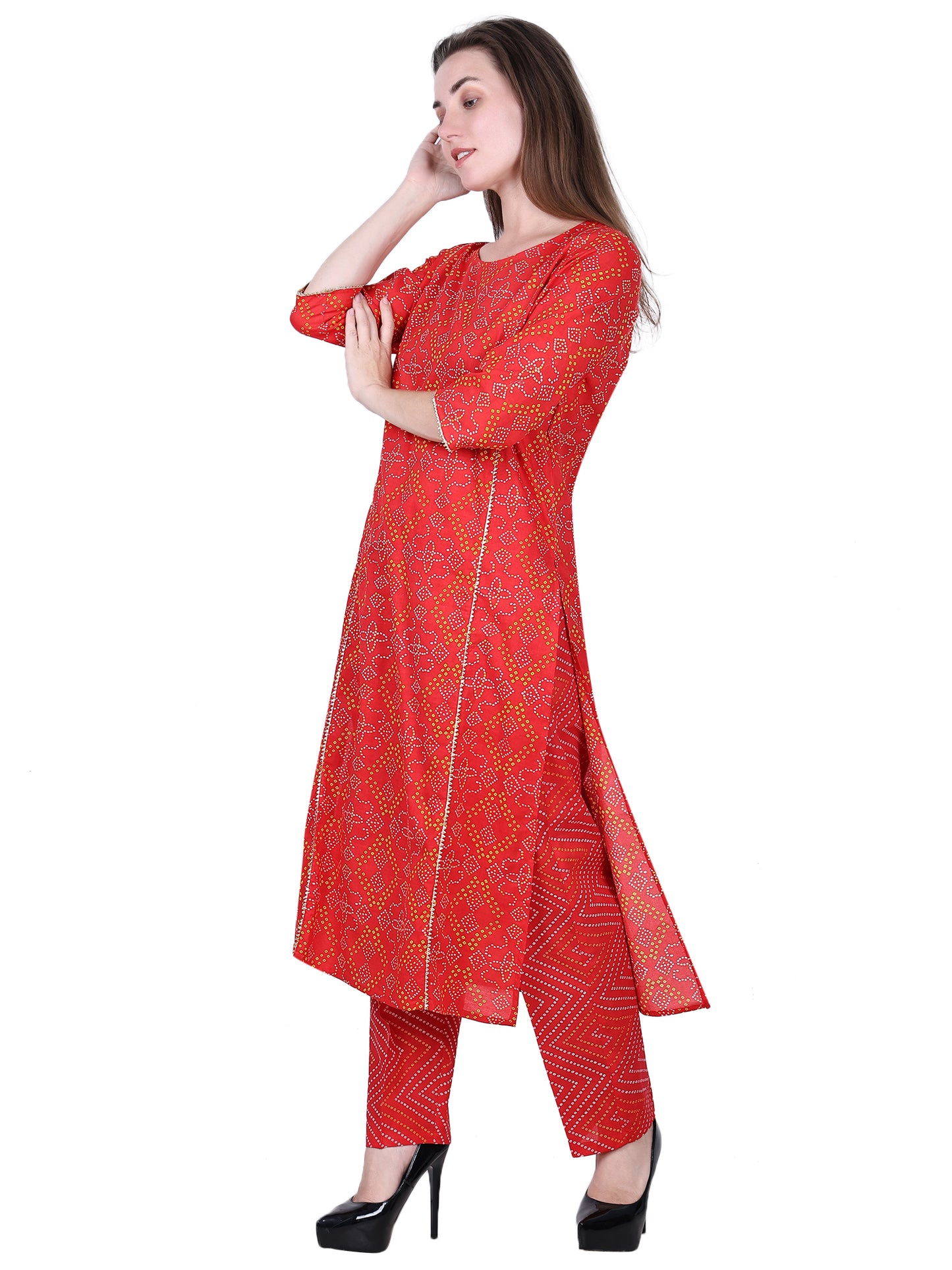 Pure Cotton Red Bandhani Printed Kurta Set