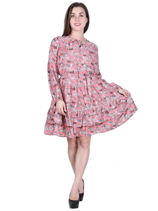 Muslin Printed Dress with Cotton Mulmul Lining | Floral Peach