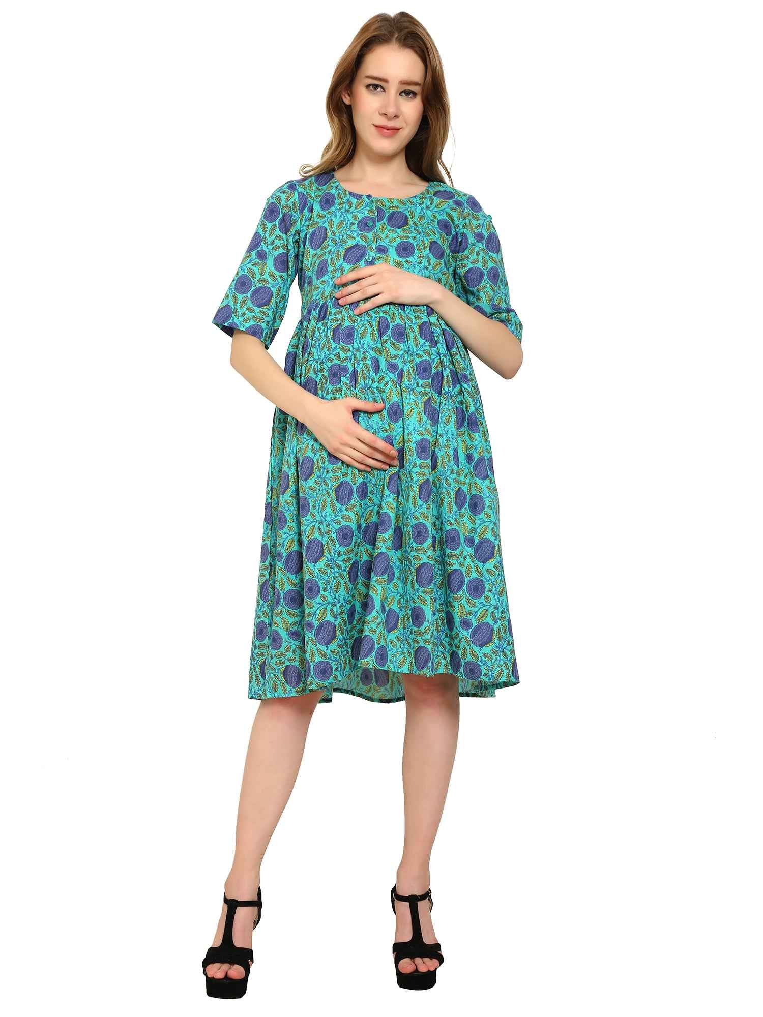 Blue Fit and Flare Cotton Maternity and Feeding Dress