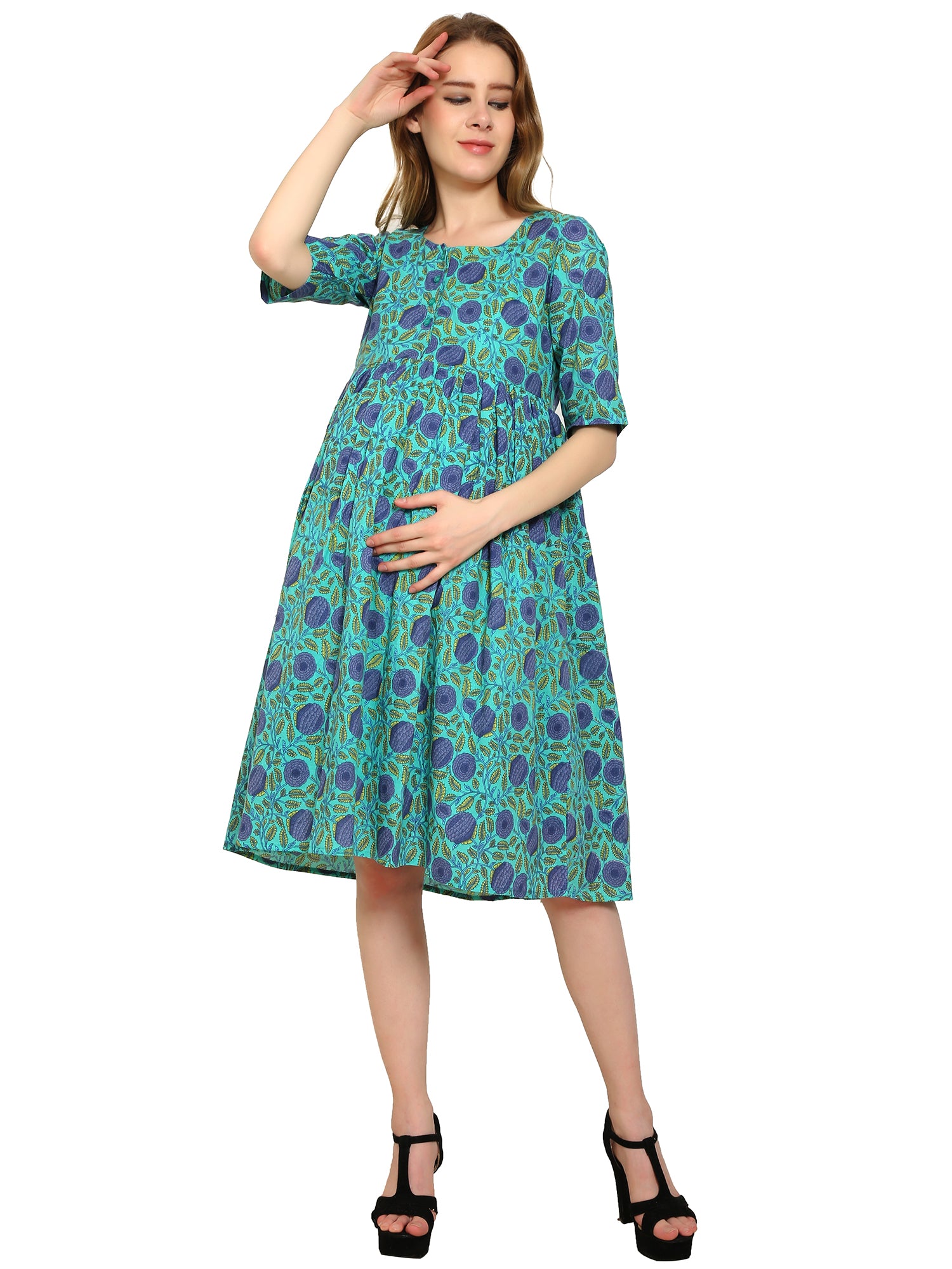 Blue-Fit-Flare-Cotton-Maternity-Feeding-Dress