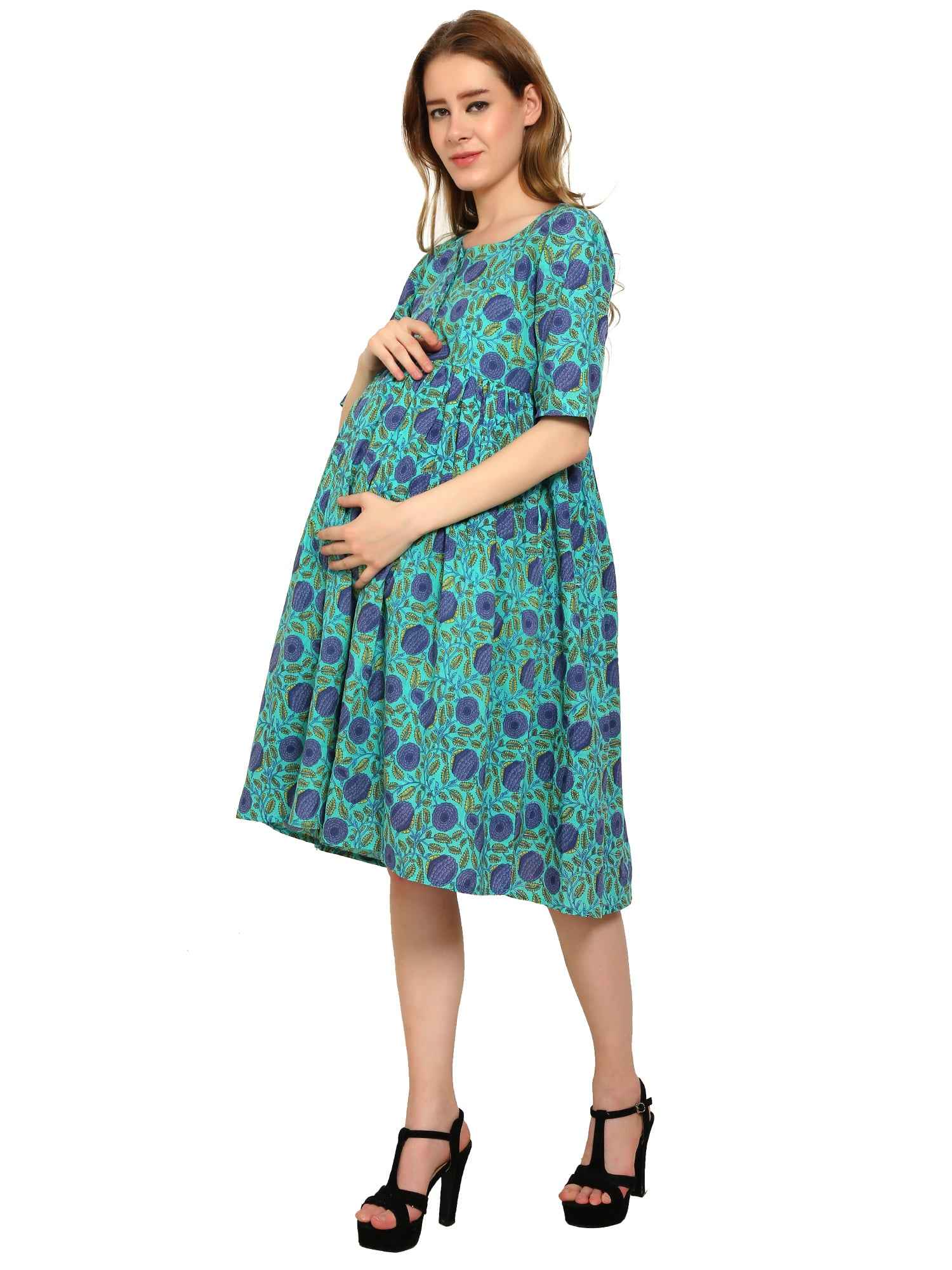 Blue Fit and Flare Cotton Maternity and Feeding Dress