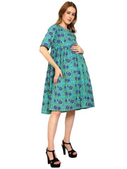 Blue Fit and Flare Cotton Maternity and Feeding Dress