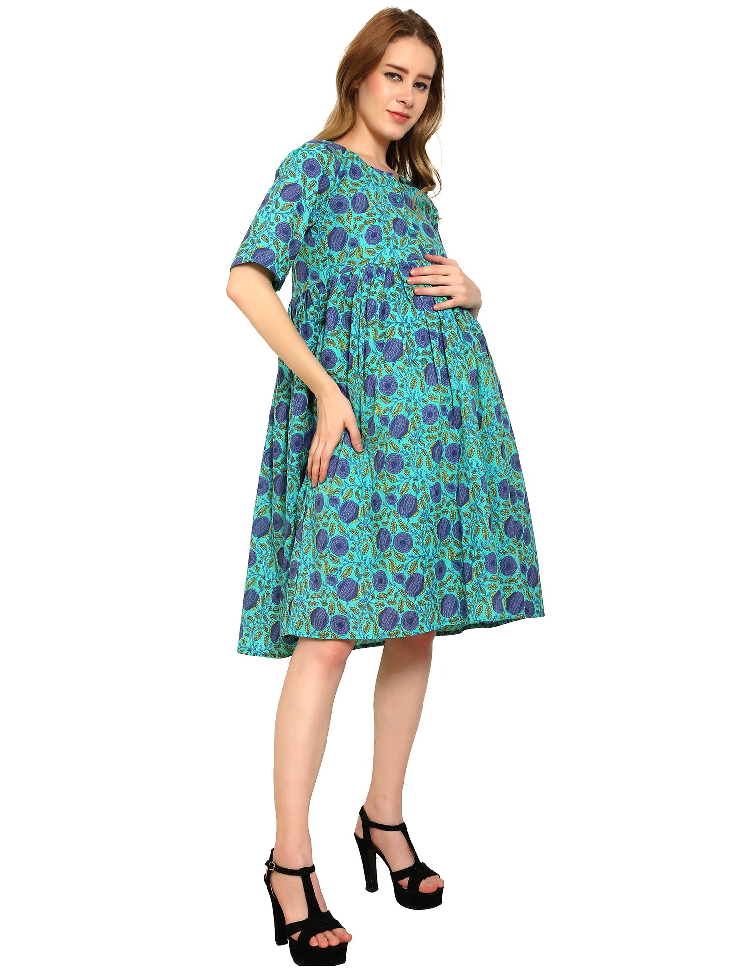 Blue-Fit-Flare-Cotton-Maternity-Feeding-Dress