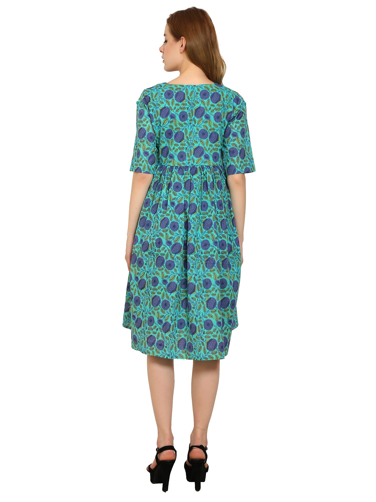 Blue-Fit-Flare-Cotton-Maternity-Feeding-Dress