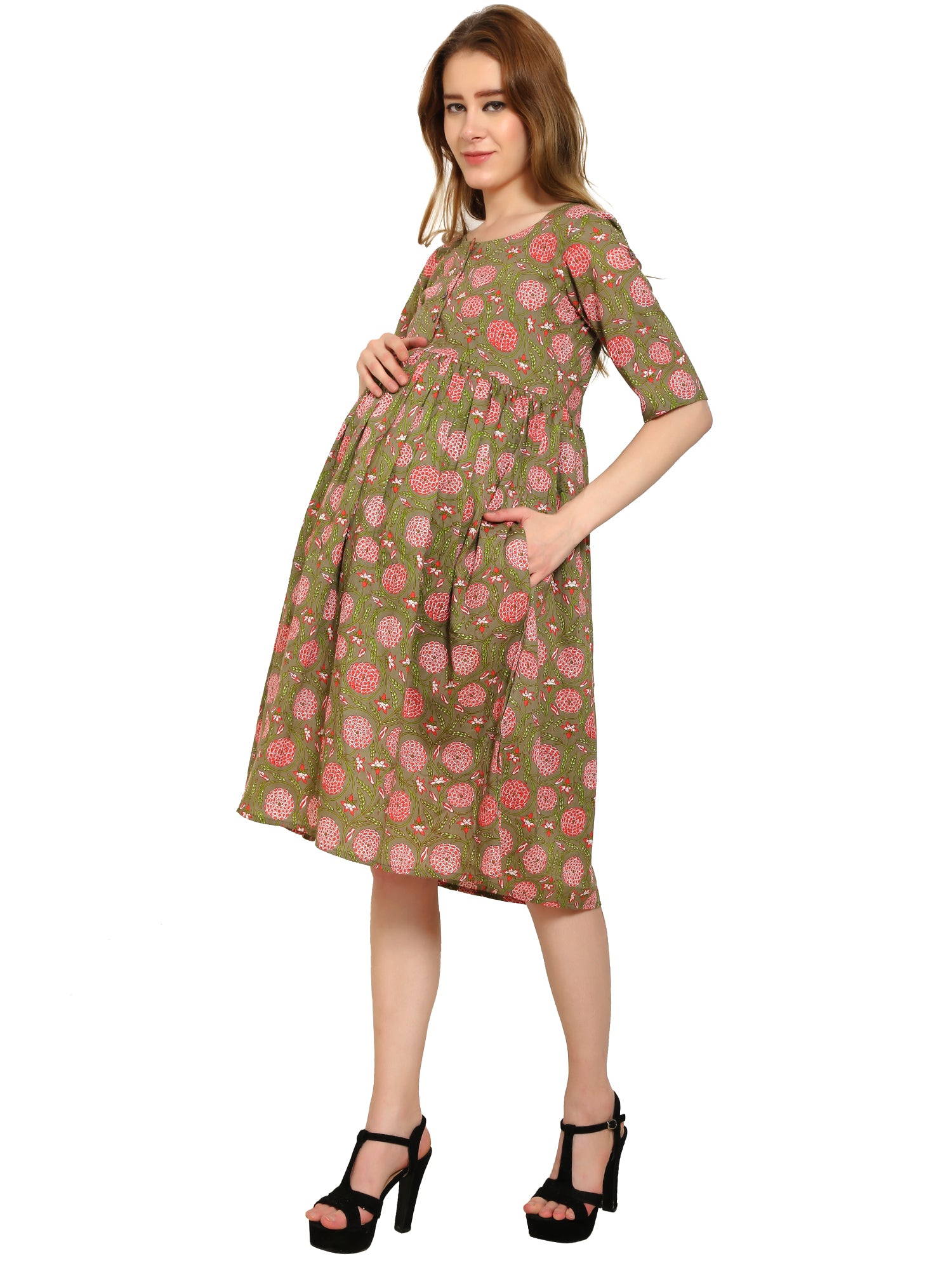 Brown-Fit-Flare-Cotton-Maternity-Feeding-Dress