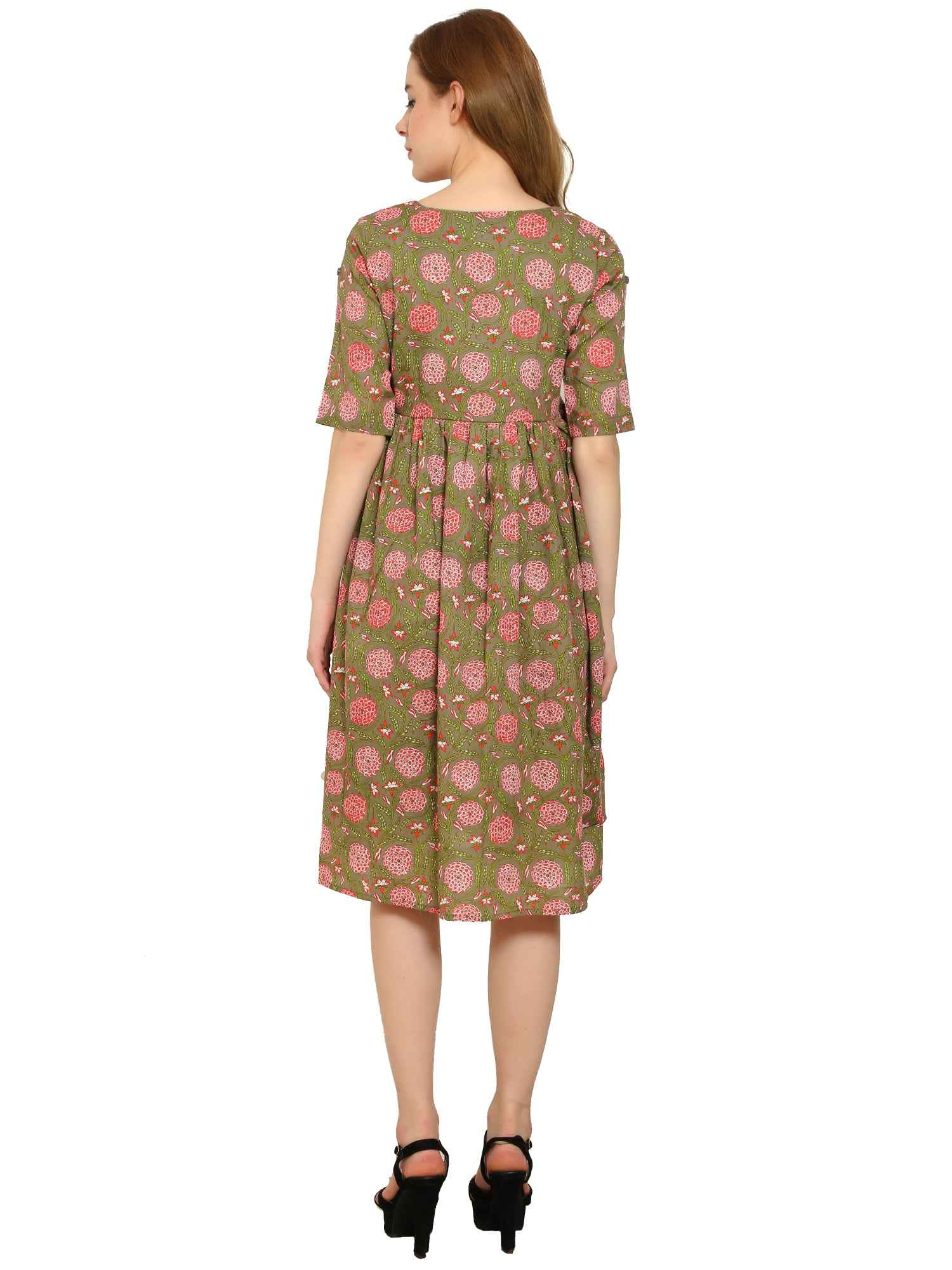 Brown Fit and Flare Cotton Maternity and Feeding Dress