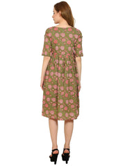 Brown Fit and Flare Cotton Maternity and Feeding Dress