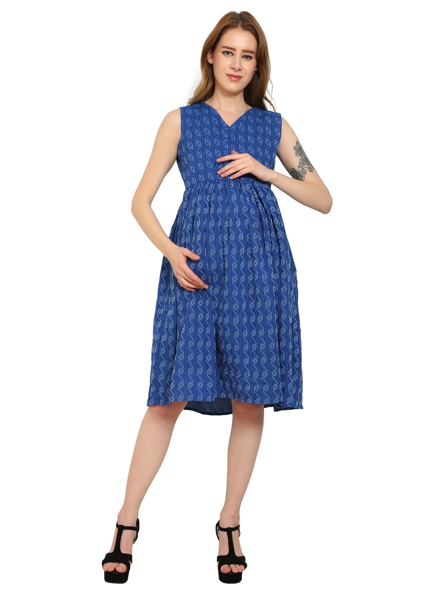 DarkBlue-Fit-Flare-Cotton-Maternity-Feeding-Dress