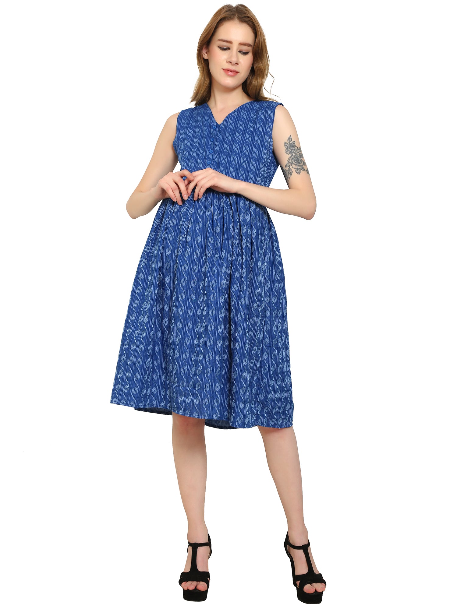 DarkBlue-Fit-Flare-Cotton-Maternity-Feeding-Dress