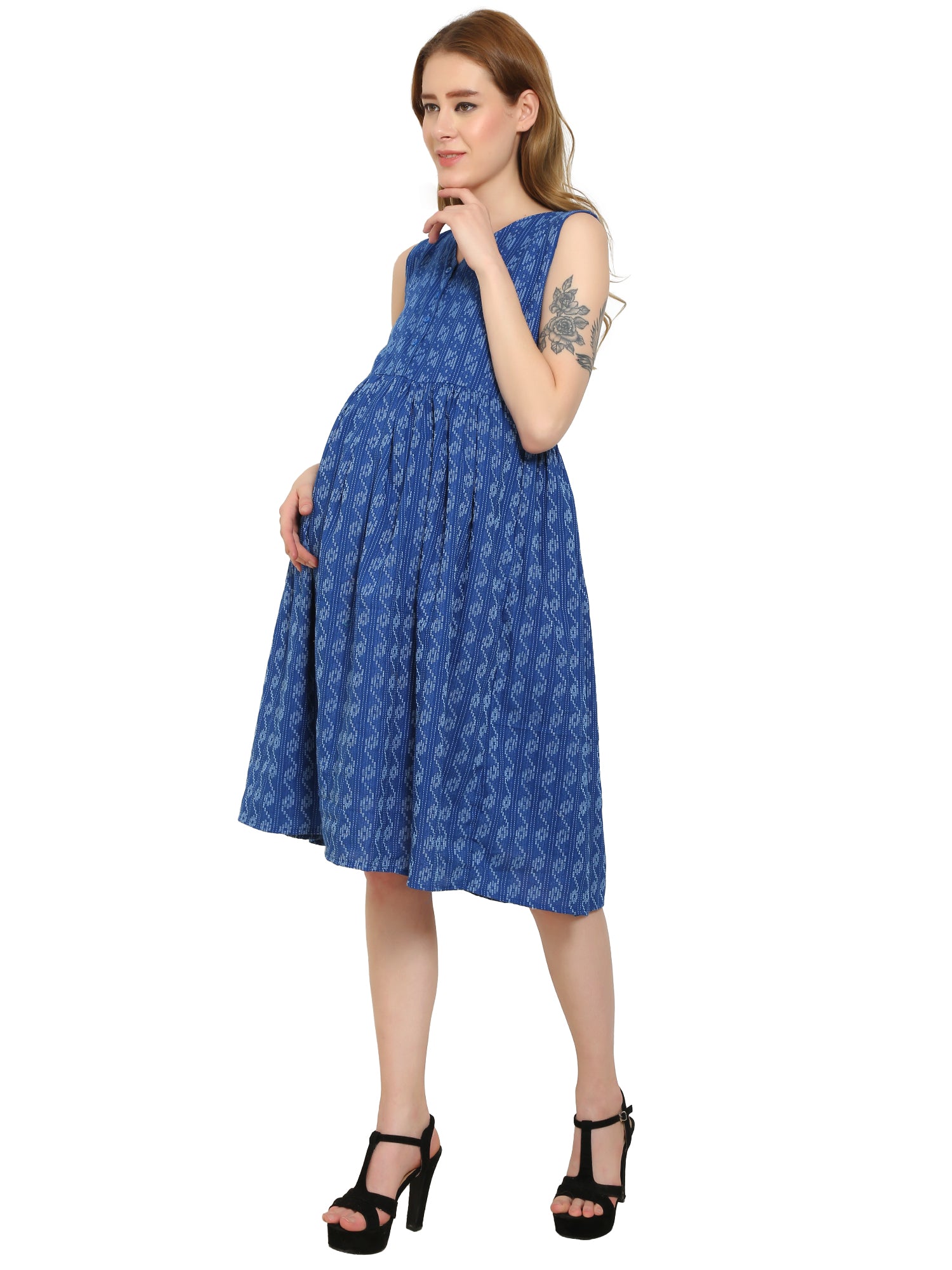 DarkBlue-Fit-Flare-Cotton-Maternity-Feeding-Dress