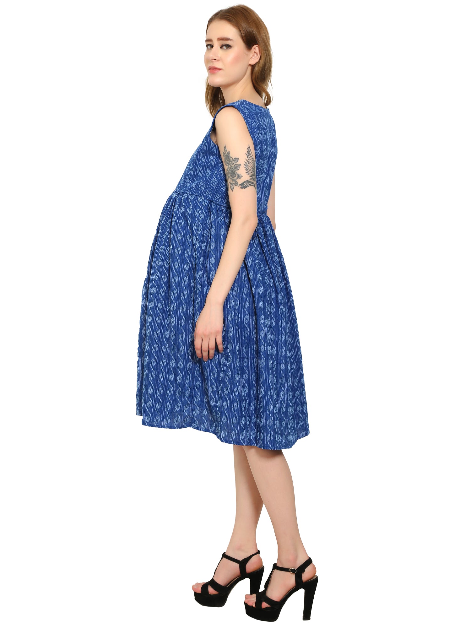 DarkBlue-Fit-Flare-Cotton-Maternity-Feeding-Dress