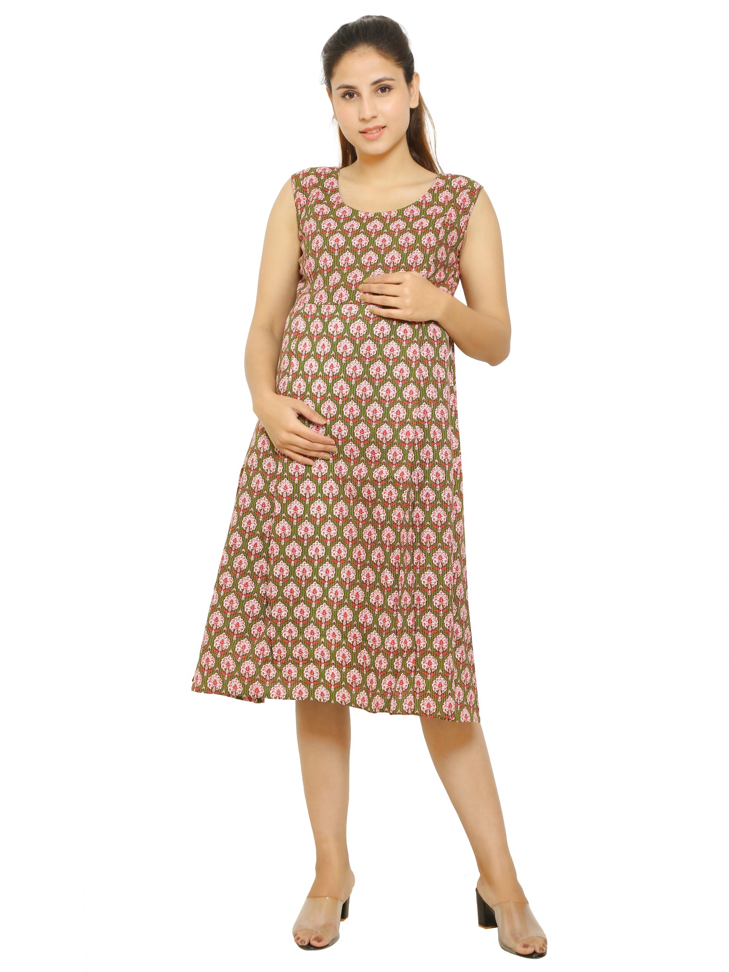 Green-Fit-Flare-Cotton-Maternity-Feeding-Dress