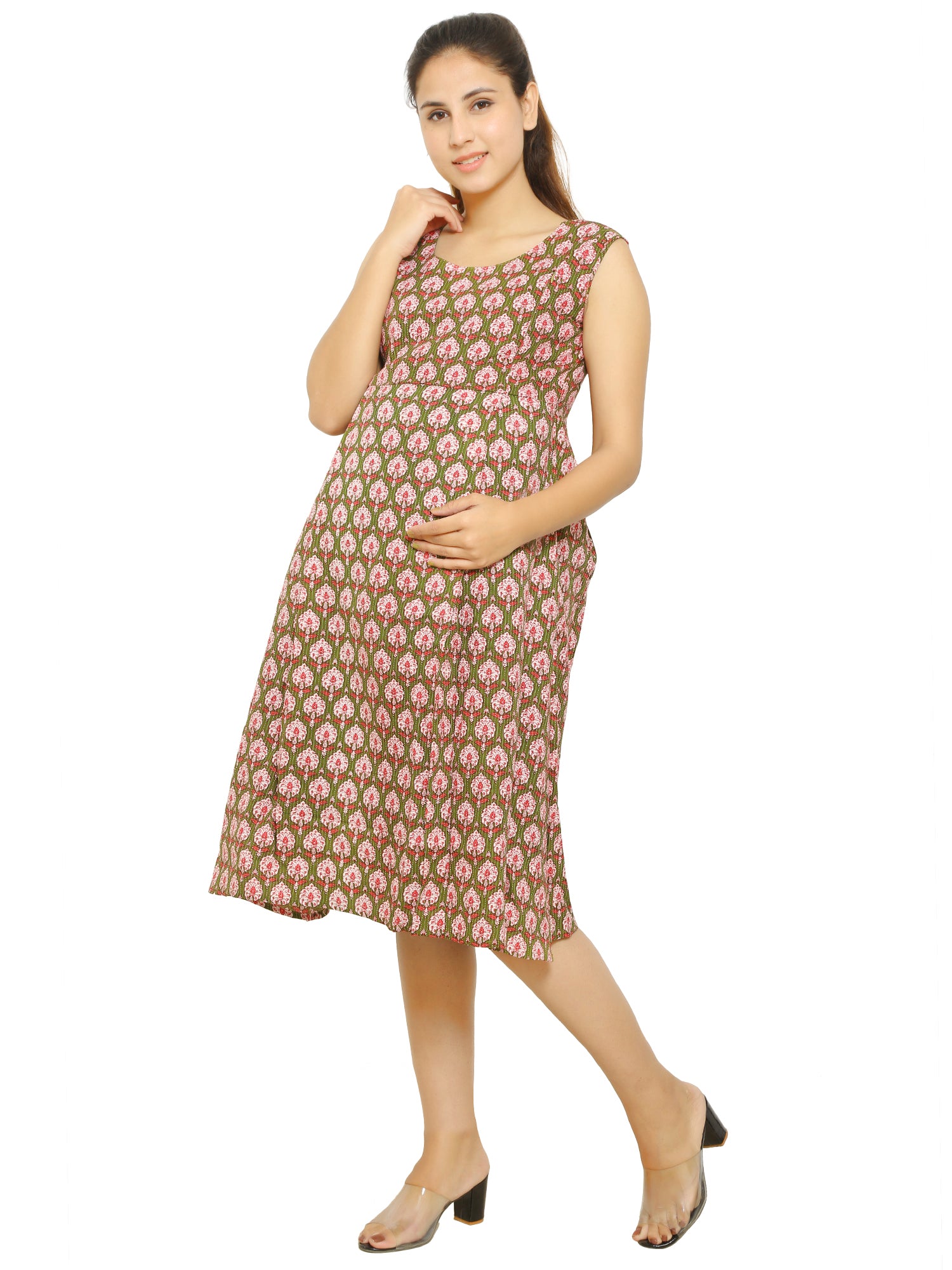 Green-Fit-Flare-Cotton-Maternity-Feeding-Dress