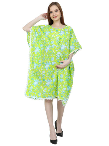 Green Pure Cotton Maternity and Feeding Kaftan Knee Length