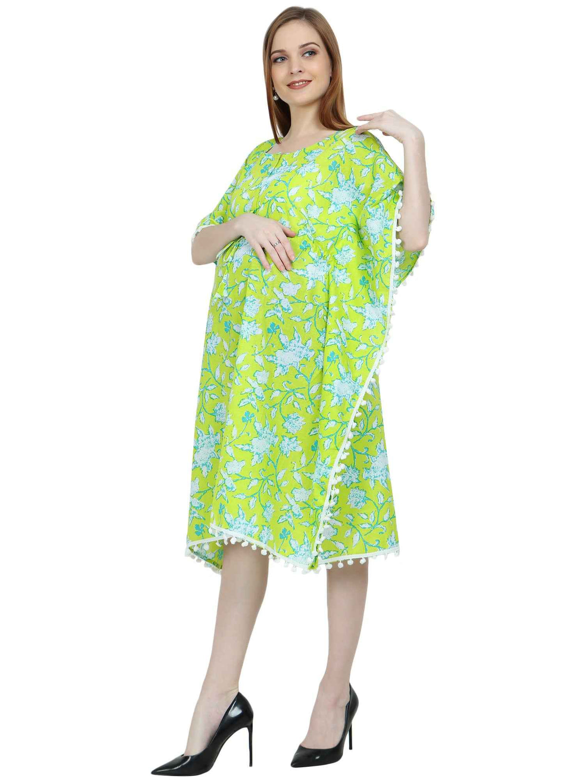 Green Pure Cotton Maternity and Feeding Kaftan Knee Length