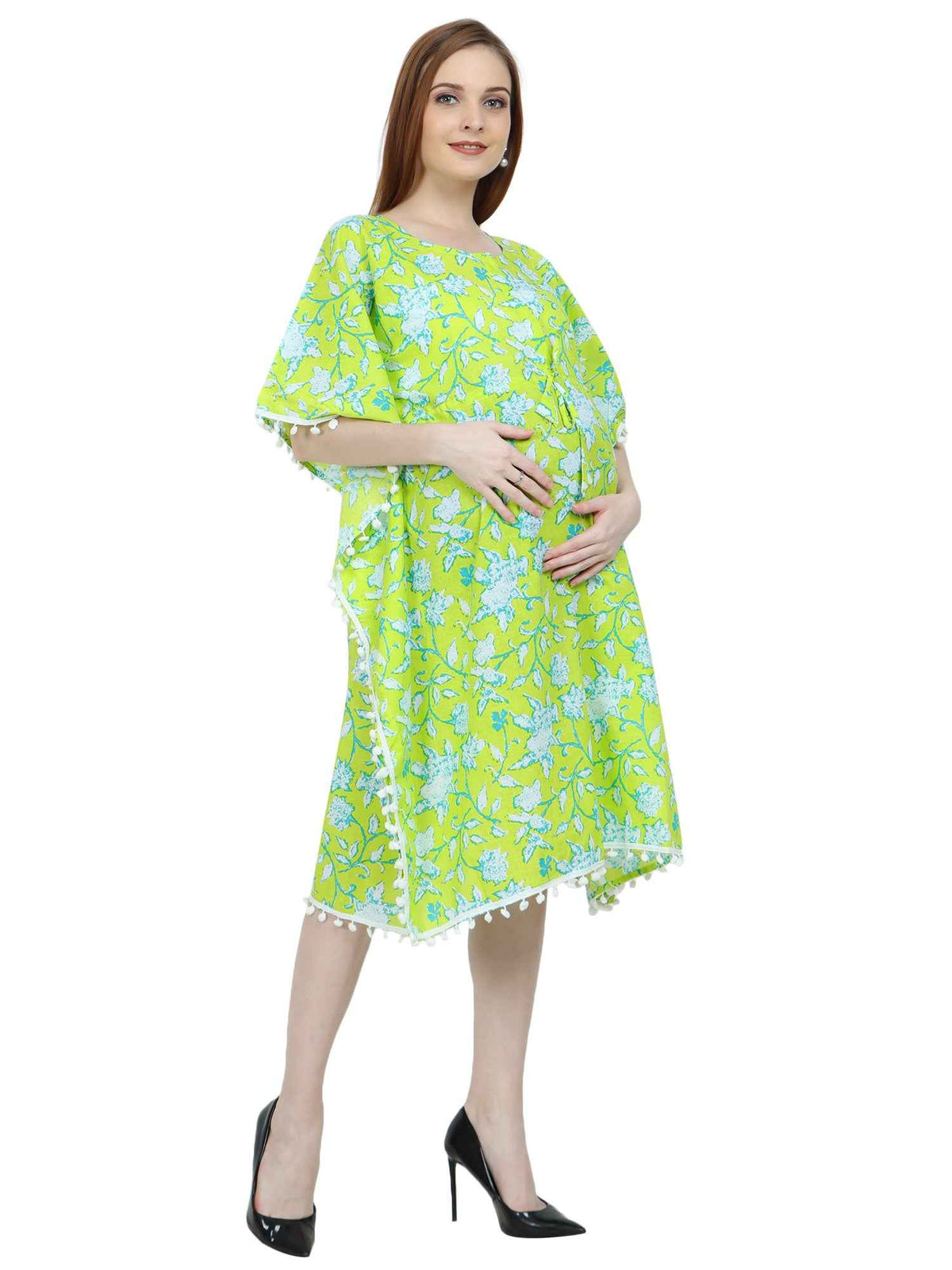 Green Pure Cotton Maternity and Feeding Kaftan Knee Length