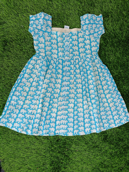 Pure Cotton Dress for Girls | Teal | Elephant Printed