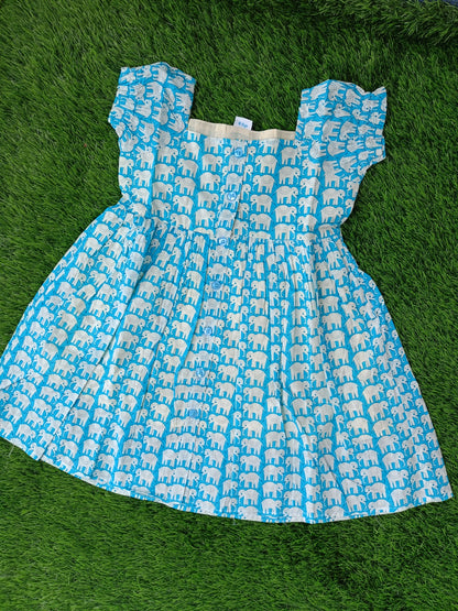 Pure Cotton Dress for Girls | Teal | Elephant Printed