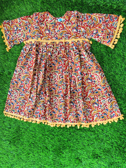 Pure Cotton Dress for Girls | Brown | Kalamkari Print