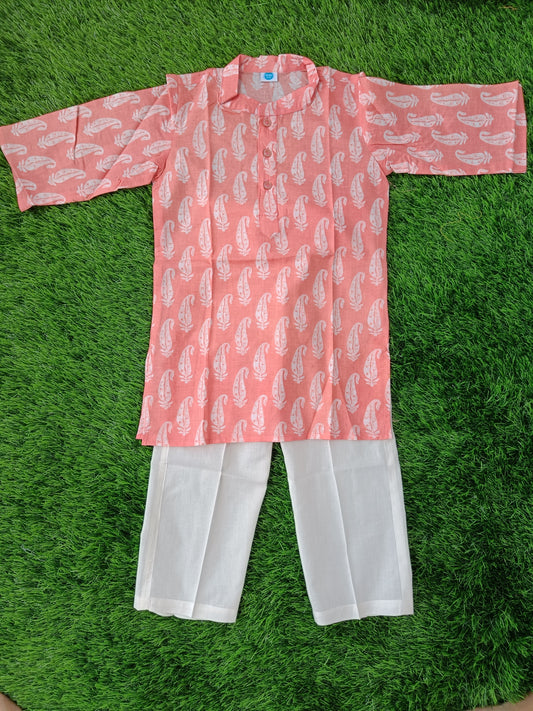 Pure Cotton Kurta Sets for Boys | Peach Printed 2