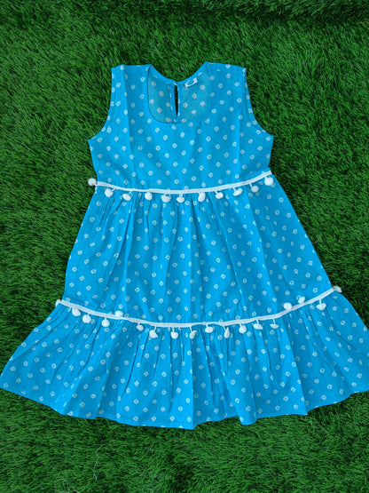Pure Cotton Layered Dress for Girls | Teal Printed 1