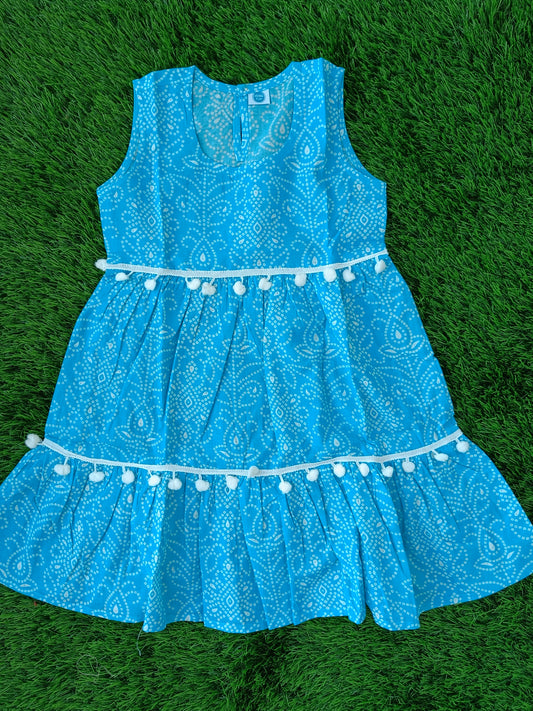 Pure Cotton Layered Dress for Girls | Teal Printed 2