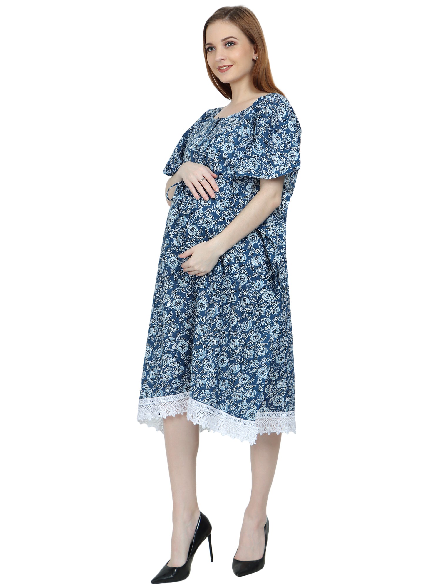 Blue Pure Cotton Maternity and Feeding Kaftan Knee Length