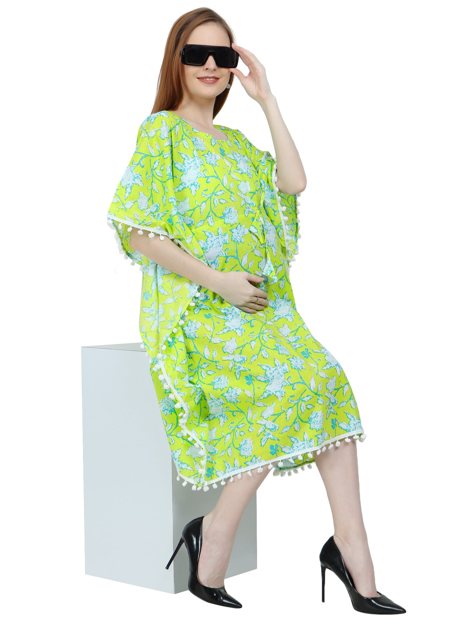 Green Pure Cotton Maternity and Feeding Kaftan Knee Length