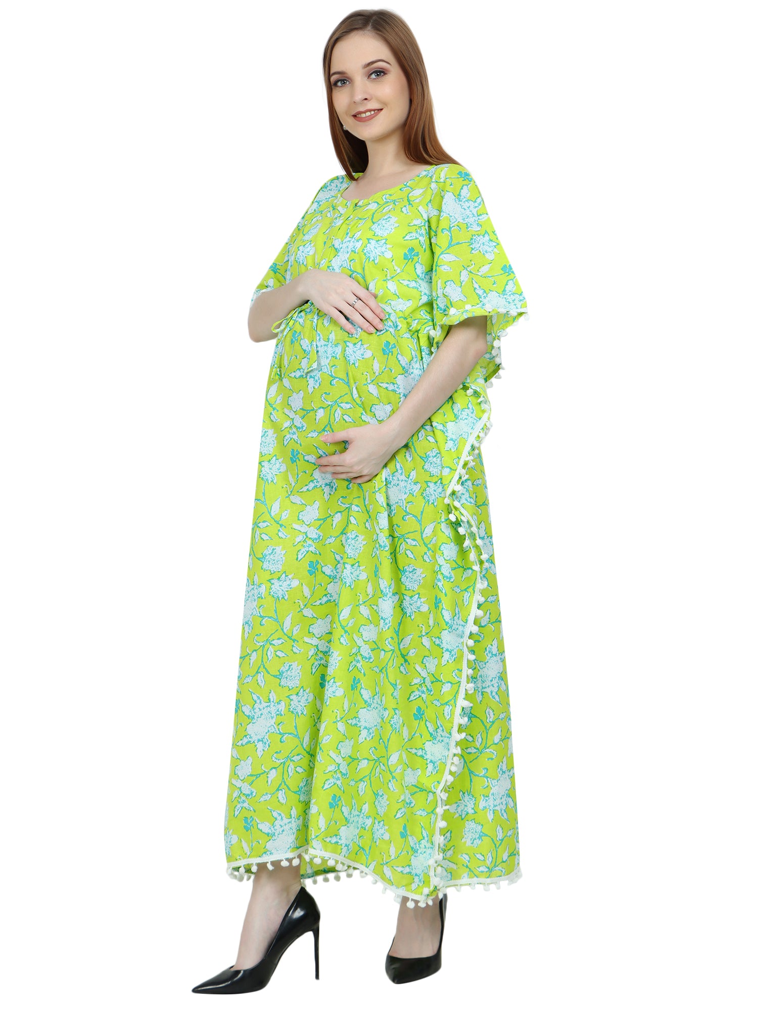 Green Pure Cotton Maternity and Feeding Kaftan Full Length