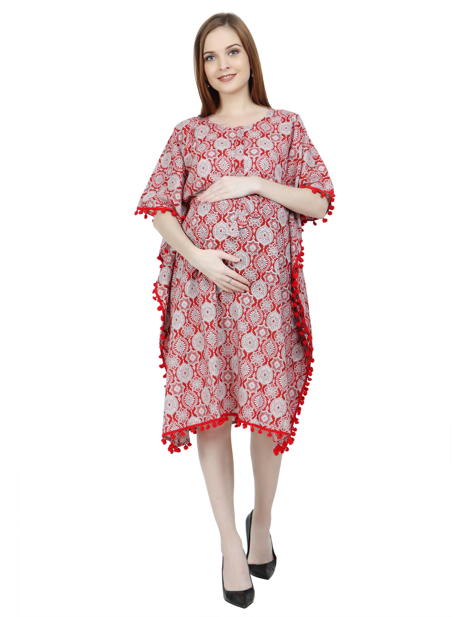 Red Pure Cotton Maternity and Feeding Kaftan Knee Length
