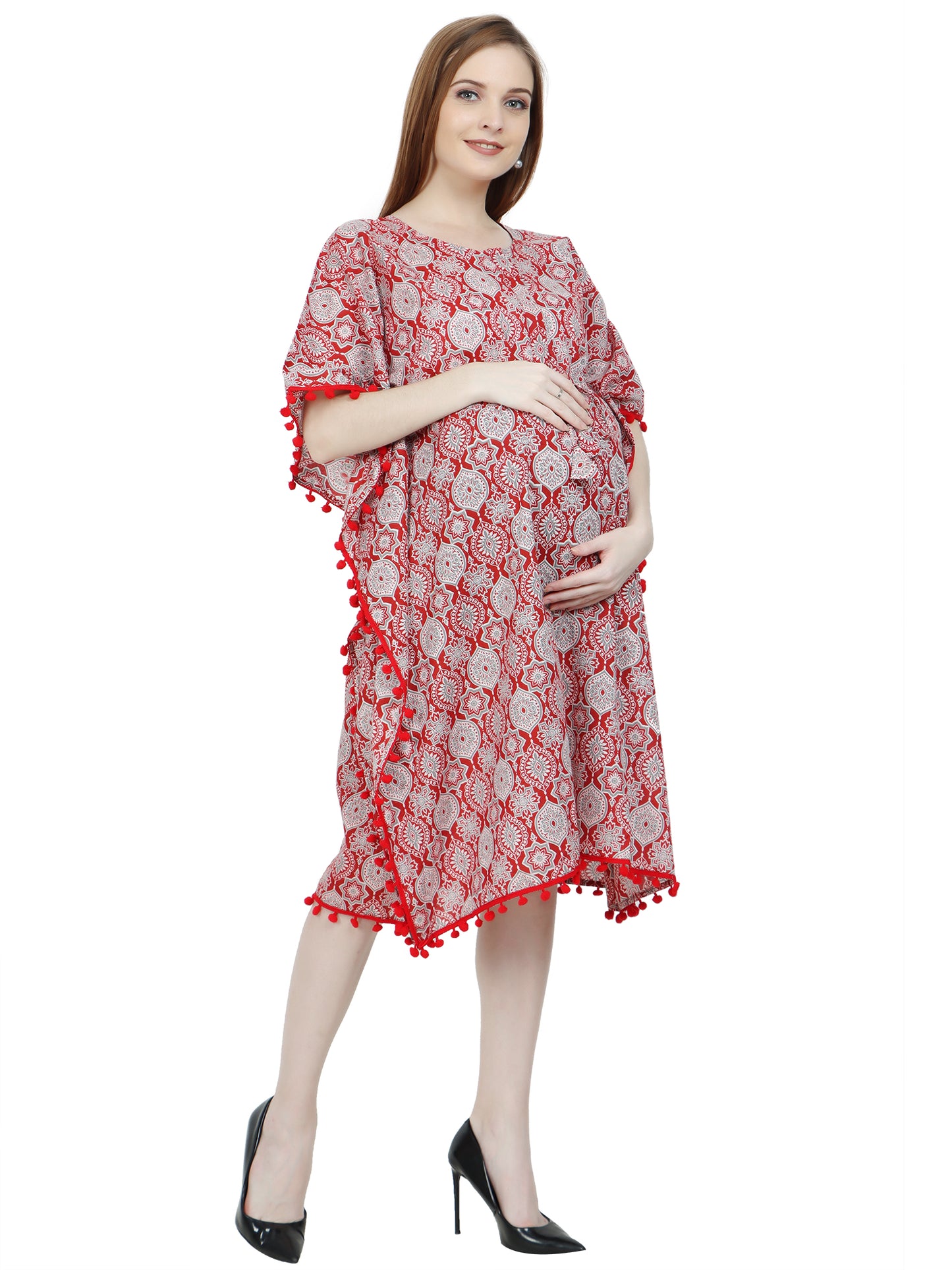 Maternity and Feeding Kaftan Knee Length | Pure Cotton |  Red