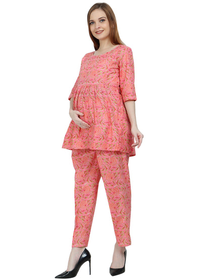 Maternity and Feeding Night Suit | Pure Cotton | Pink