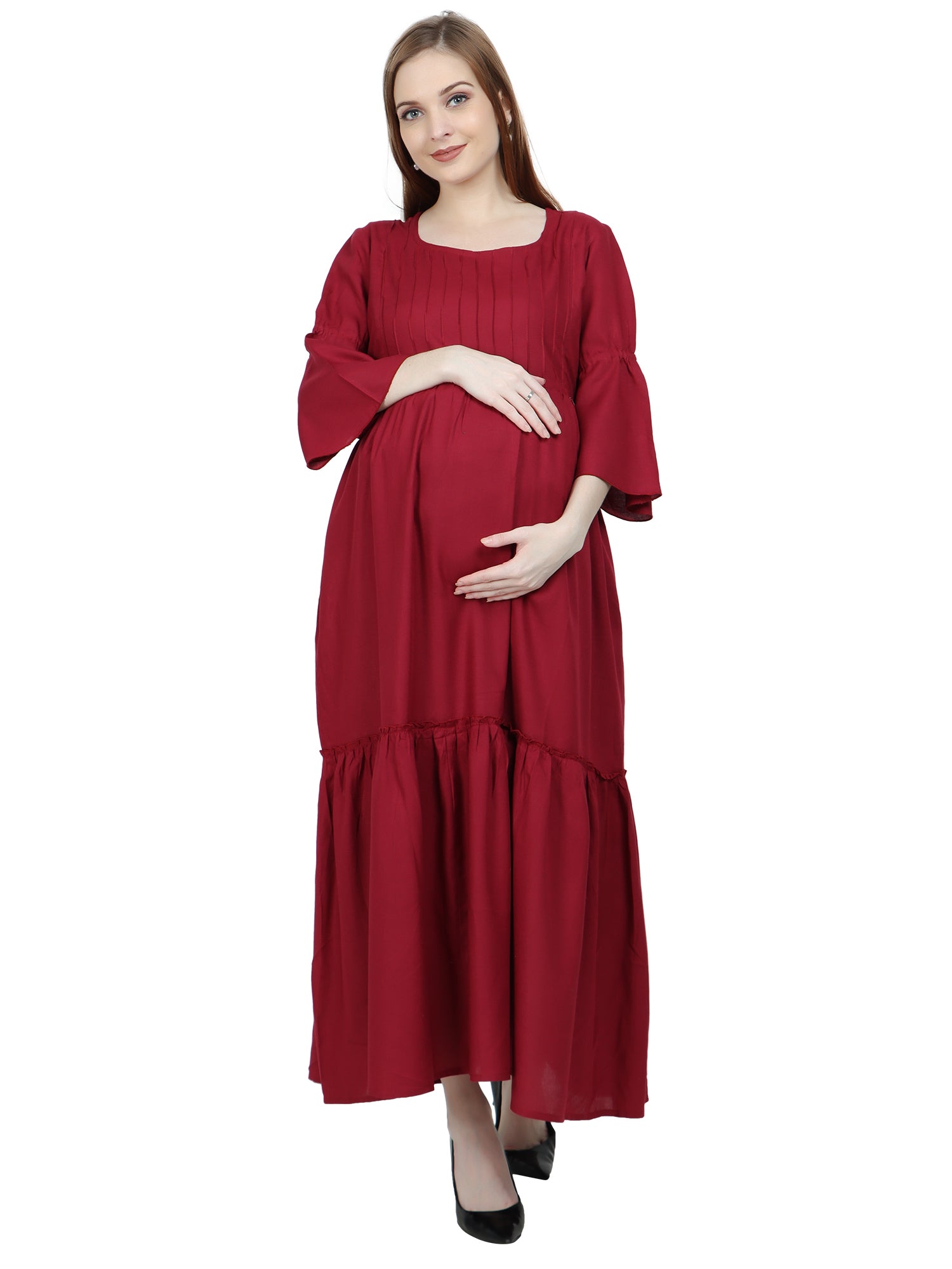 Rayon Maroon Maternity and Feeding Dress with Cotton Lining