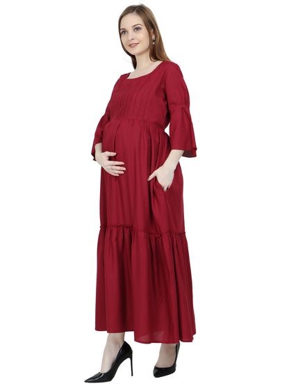 Maternity and Feeding Dress | Rayon Maroon Color | With Cotton Lining