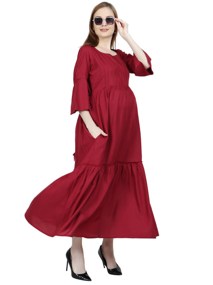 Maternity and Feeding Dress | Rayon Maroon Color | With Cotton Lining