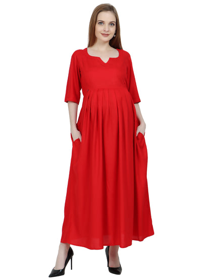 Maternity and Feeding Dress | Rayon Red Color | With Cotton Lining