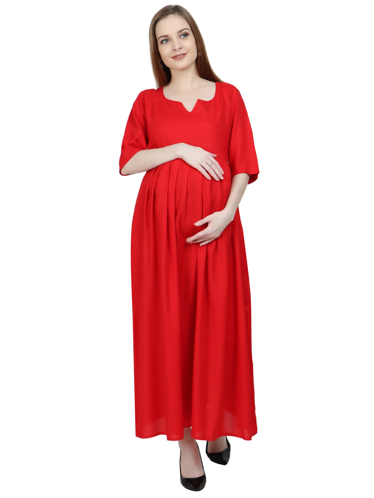 Rayon Red Maternity and Feeding Dress with Cotton Lining