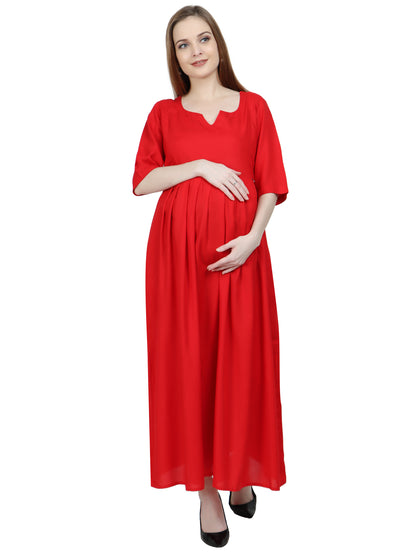 Maternity and Feeding Dress | Rayon Red Color | With Cotton Lining