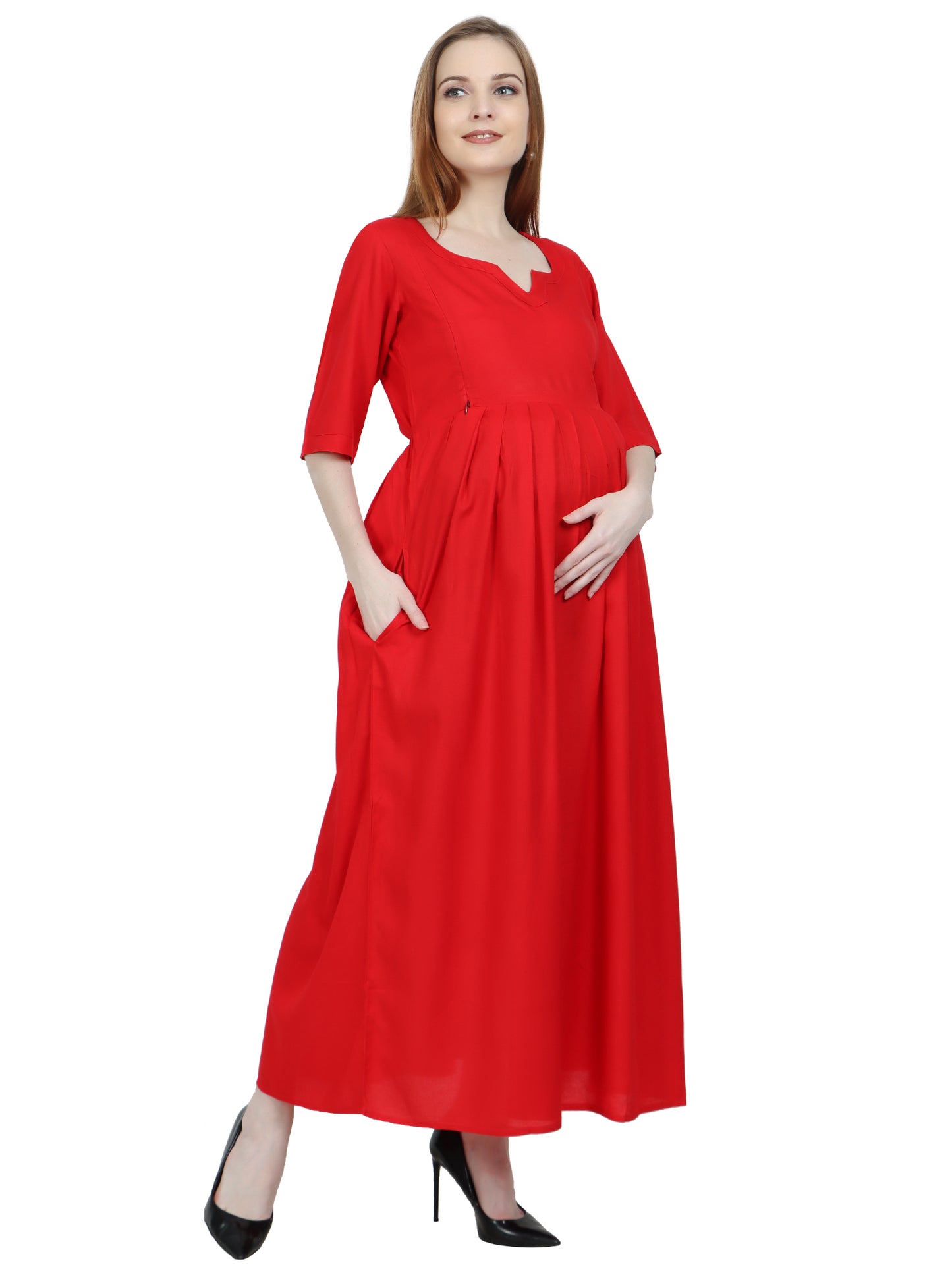 Maternity and Feeding Dress | Rayon Red Color | With Cotton Lining