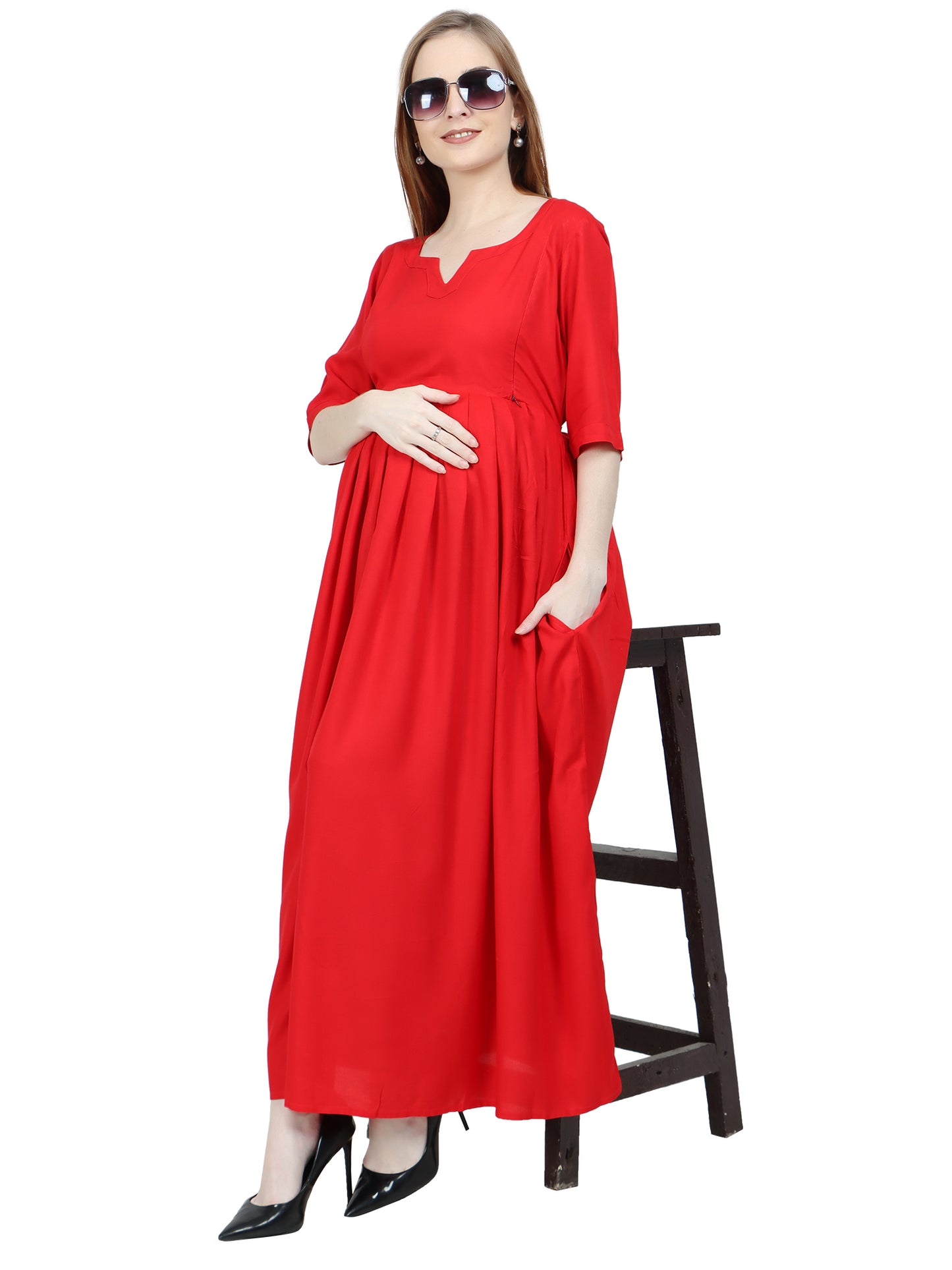Maternity and Feeding Dress | Rayon Red Color | With Cotton Lining