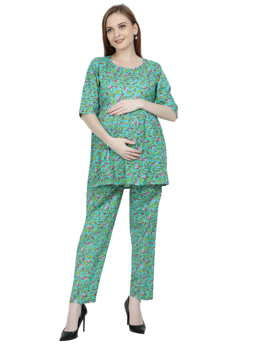 Maternity and Feeding Night Suit | Pure Cotton | Teal