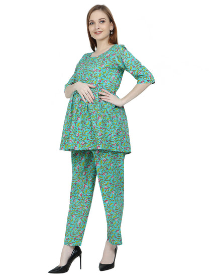 Maternity and Feeding Night Suit | Pure Cotton | Teal