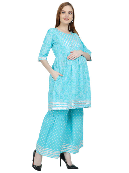 Maternity and Feeding Kurta Set | Sharara Set | Pure Cotton |  Teal