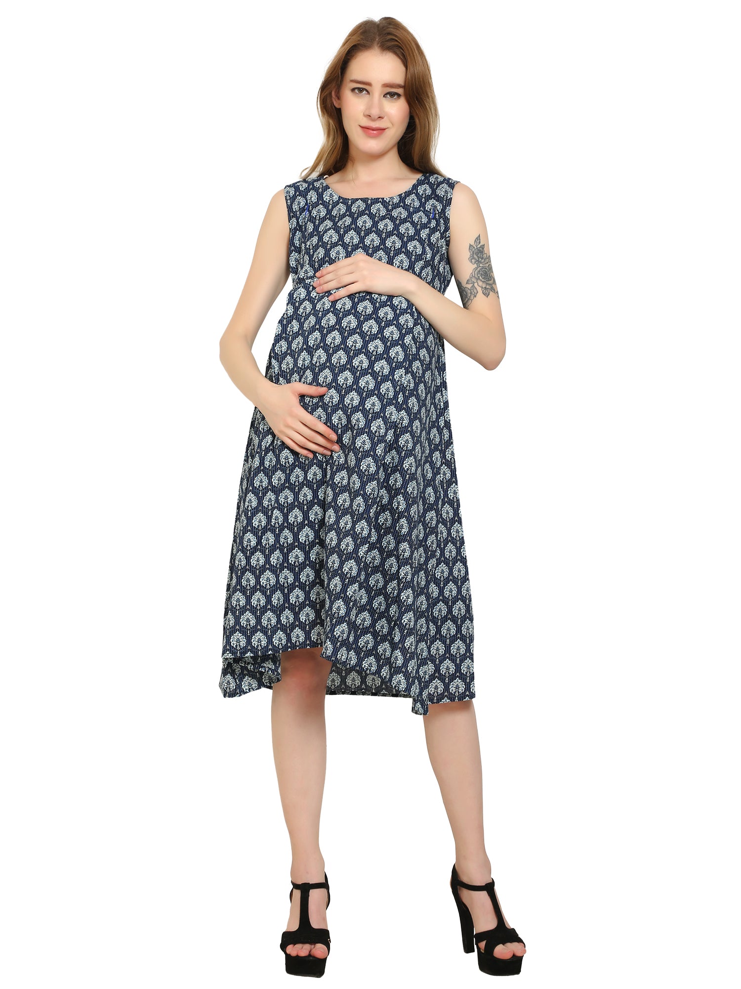 Indigo-Fit-Flare-Cotton-Maternity-Feeding-Dress