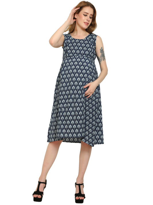 Indigo-Fit-Flare-Cotton-Maternity-Feeding-Dress